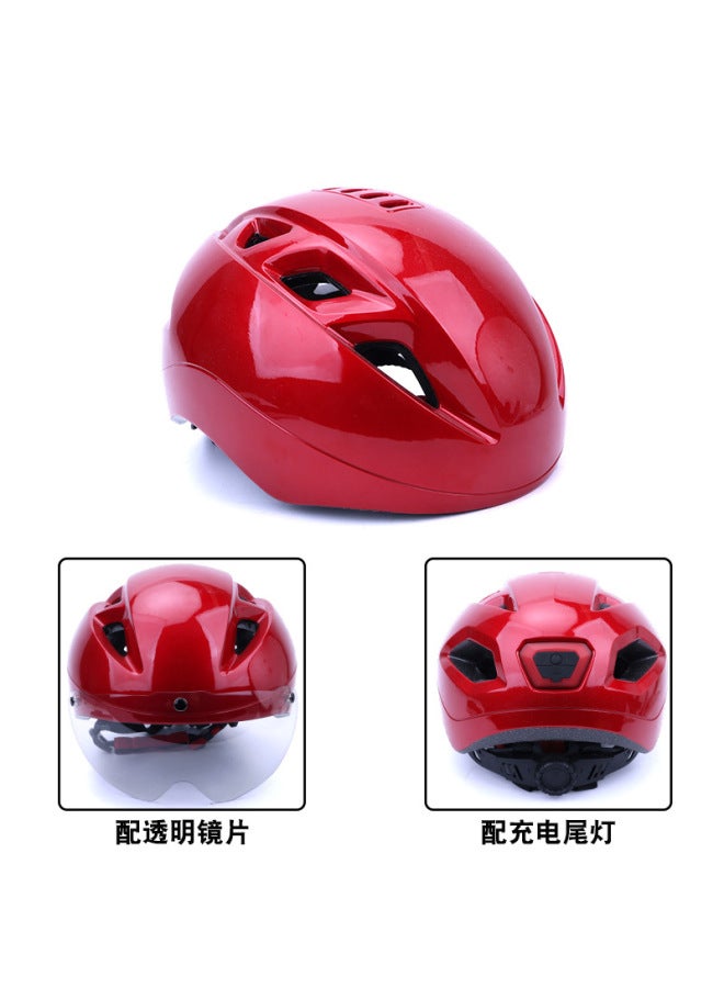 Adult and Kids Cycling and Roller Skating Helmet with Taillight and Detachable Lens, Metallic Red