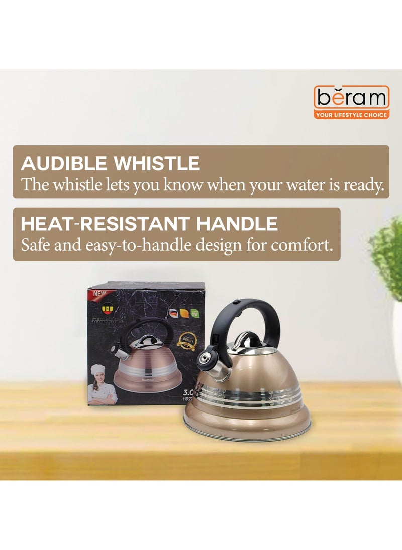 HausRoland Whistling Tea Kettle, 3 Litres, Stainless Steel, Whistling Teapot, Stove Top, Stone Finish, Anti-Hot Handle, Anti-Rust, Loud Whistle, Fast Boiling Kitchen Utensil, Glossy Kettle  - Image 4