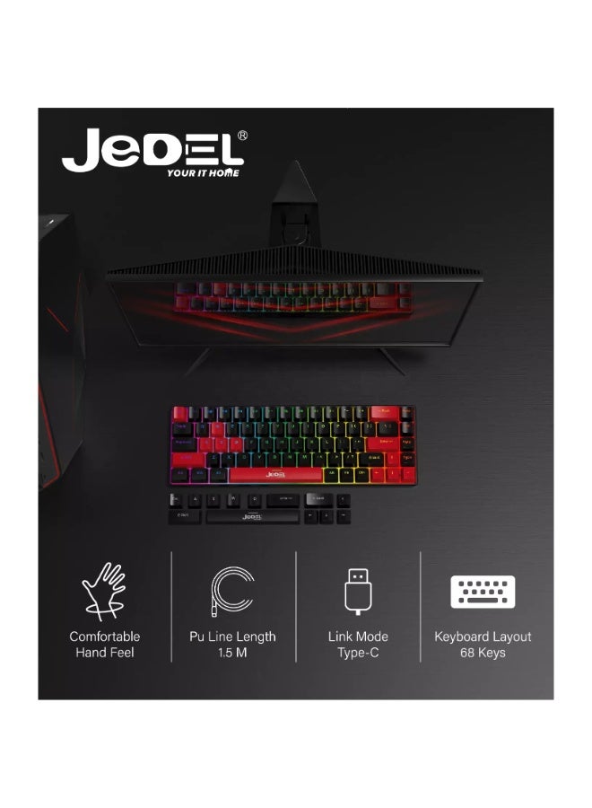 JeDEL KL141 68% Gaming Mechanical Keyboard - Red Switches - Rainbow LED Lighting (English & Arabic) - Image 5