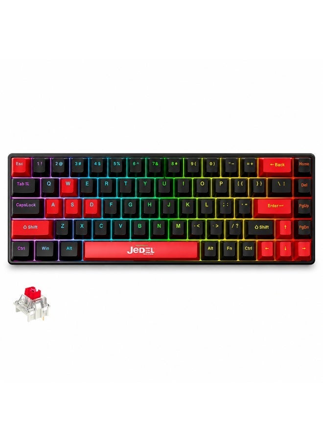 JeDEL KL141 68% Mechanical Gaming Keyboard – Red Switches, Rainbow LED Backlight, English & Arabic Layout (Black/Red) - Image 1