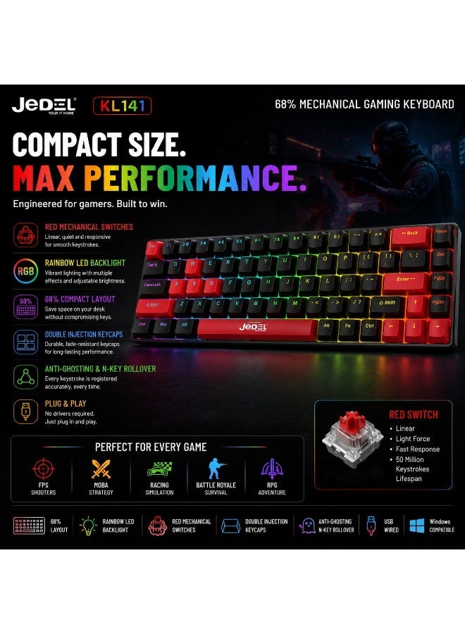 JeDEL KL141 68% Mechanical Gaming Keyboard – Red Switches, Rainbow LED Backlight, English & Arabic Layout (Black/Red) - Image 2