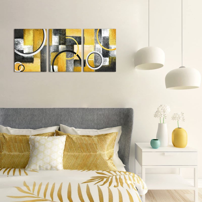 Visual Art Decor Yellow and Grey Abstract Geometric Circle Canvas Wall Art Rustic Lemon Yellow Prints Artwork for Living Room Bedroom Wall Decoration - Image 2