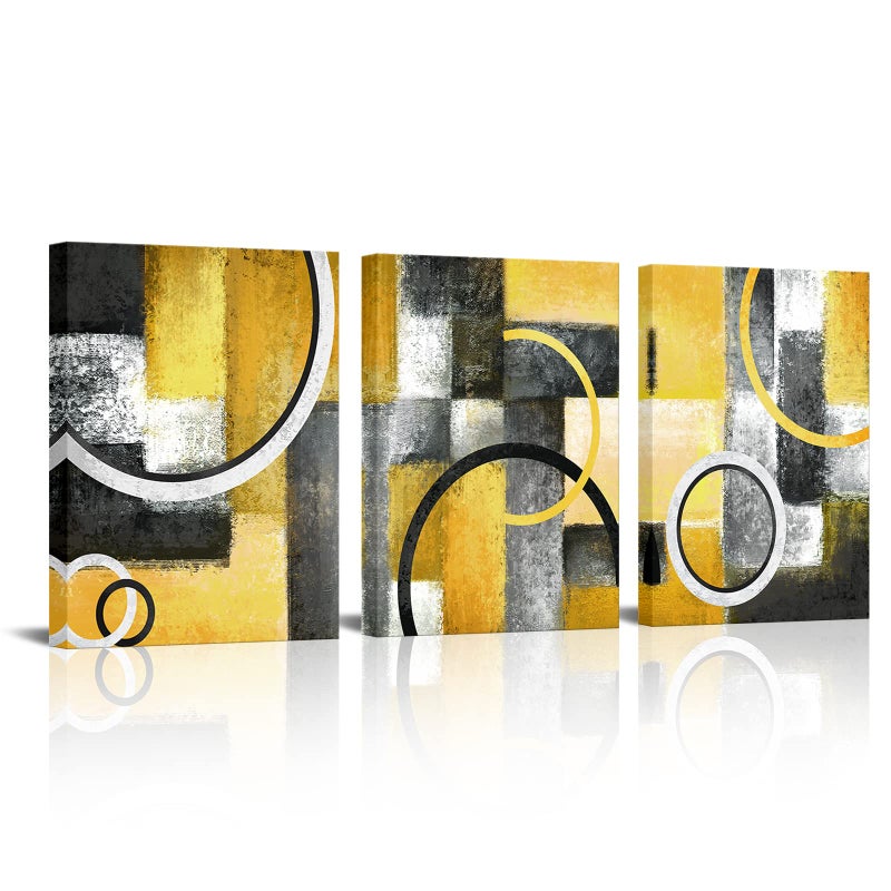 Visual Art Decor Yellow and Grey Abstract Geometric Circle Canvas Wall Art Rustic Lemon Yellow Prints Artwork for Living Room Bedroom Wall Decoration - Image 1