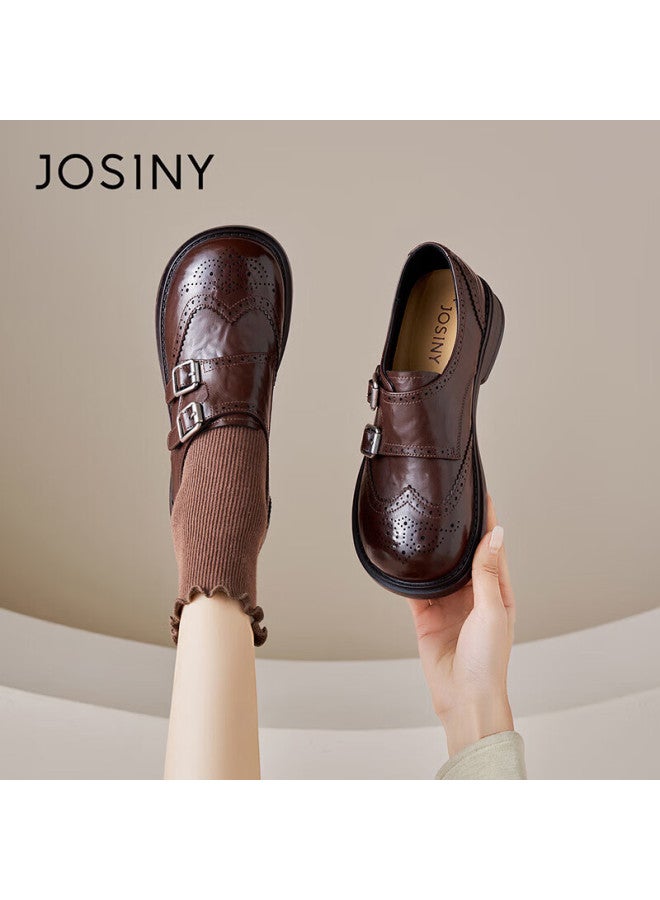 Josiny Zhuoshini Lefu Shoes Spring New British Style Fashion Small Leather Shoes Niche Gentle Skirt Matching Flats Brown Size 40 - Image 1