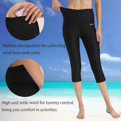 Ubestyle UPF 50+ High Waist Women's Yoga Capri Leggings Swimming Tights Sun Protective Black - Image 3