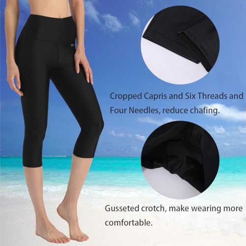 Ubestyle UPF 50+ High Waist Women's Yoga Capri Leggings Swimming Tights Sun Protective Black - Image 4