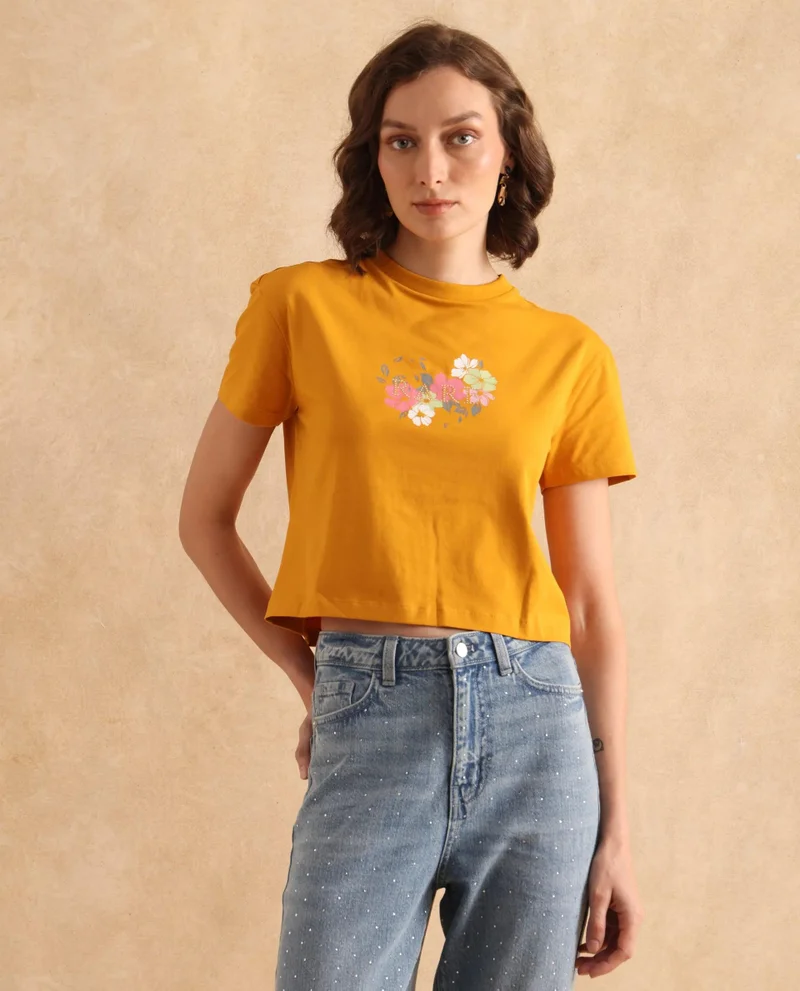 Rareism Women's Floral Rhinestone Printed T Shirt