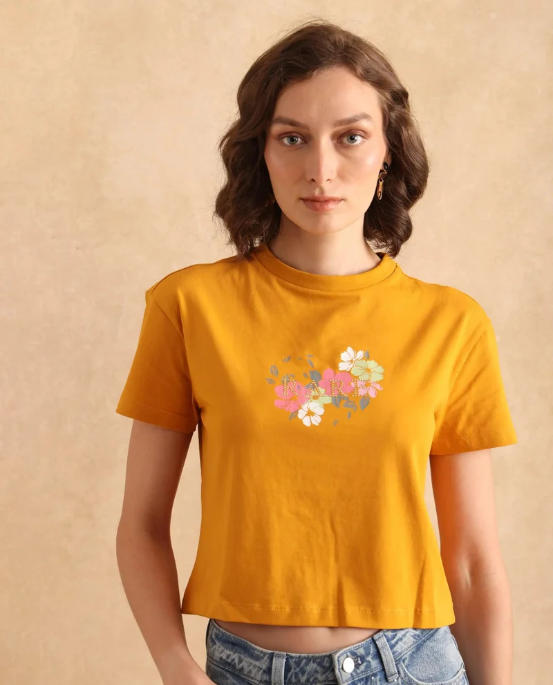 Rareism Women's Floral Rhinestone Printed T Shirt