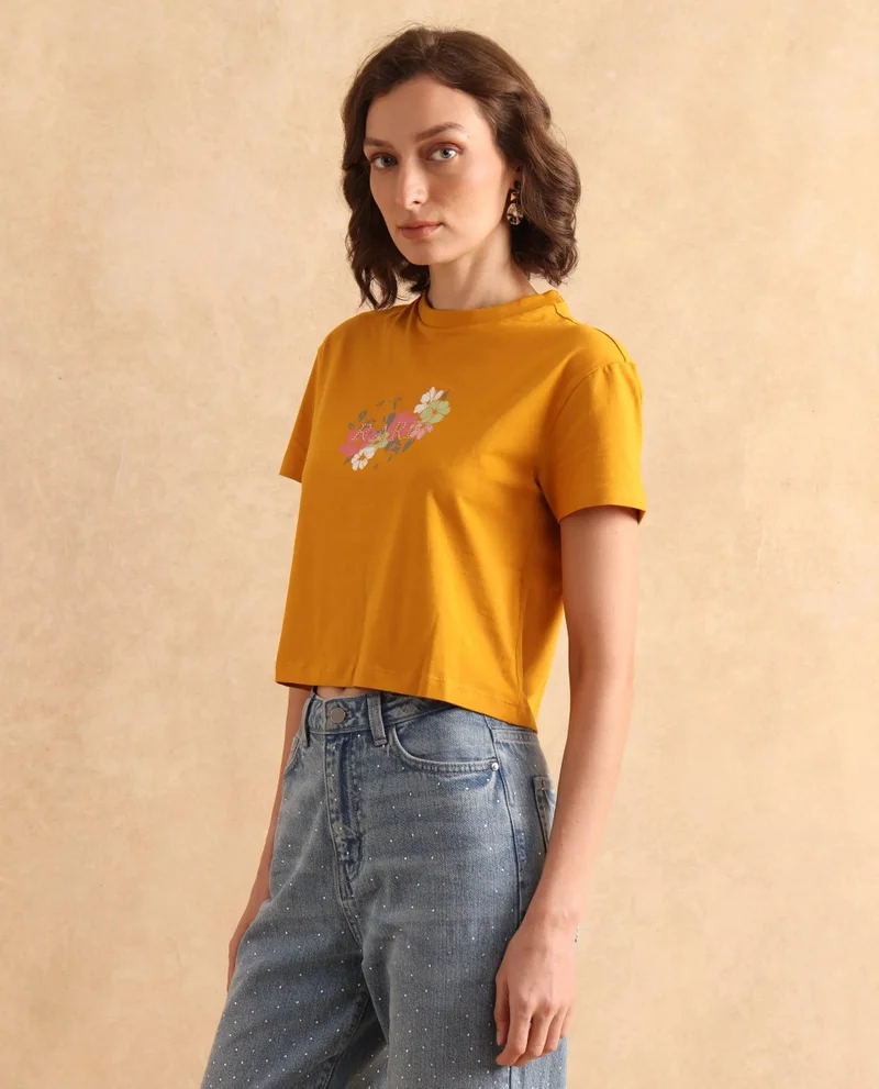 Rareism Women's Floral Rhinestone Printed T Shirt