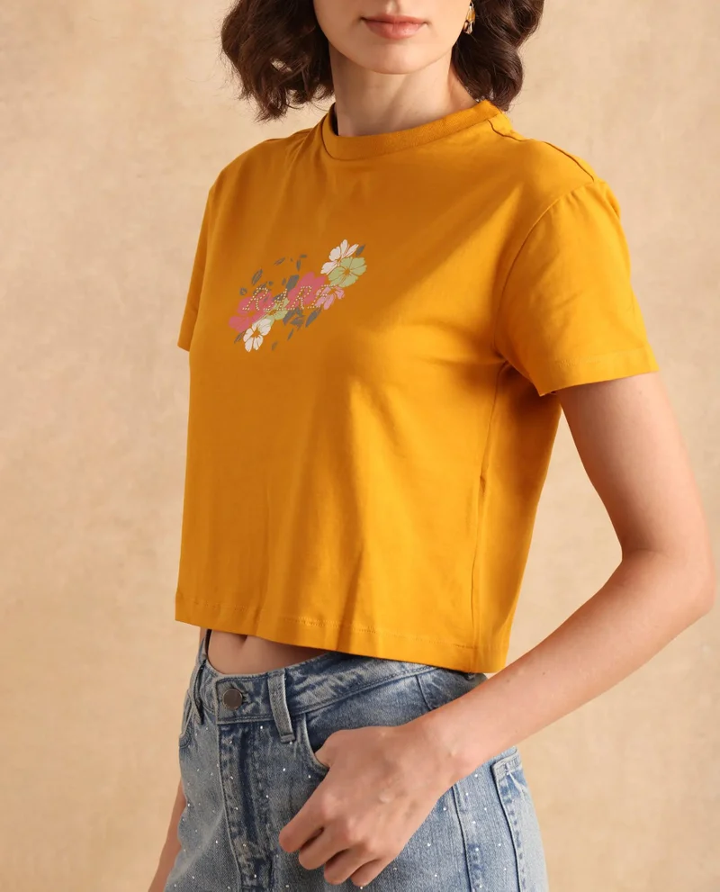 Rareism Women's Floral Rhinestone Printed T Shirt