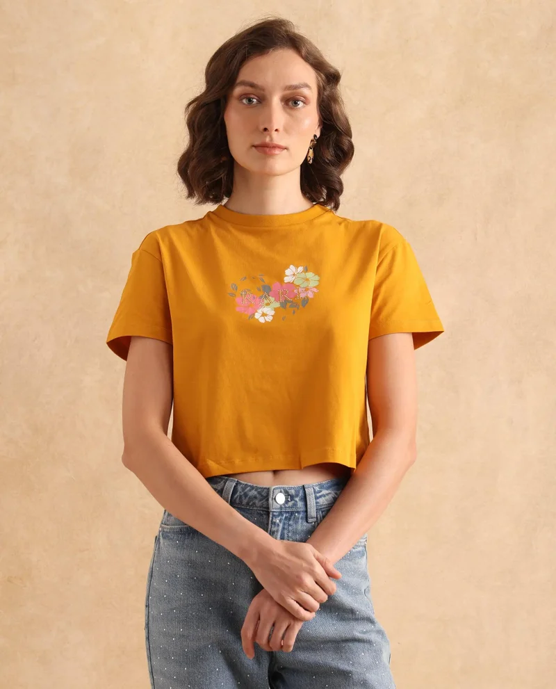 Rareism Women's Floral Rhinestone Printed T Shirt
