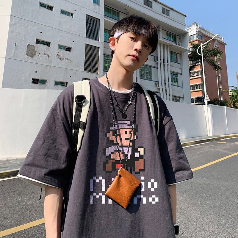 Cartoon Printed Short-Sleeved T-Shirt For Men 2022 Summer Ins Couple Loose American National Trend Half-Sleeved Gray Simple Casual - Image 1