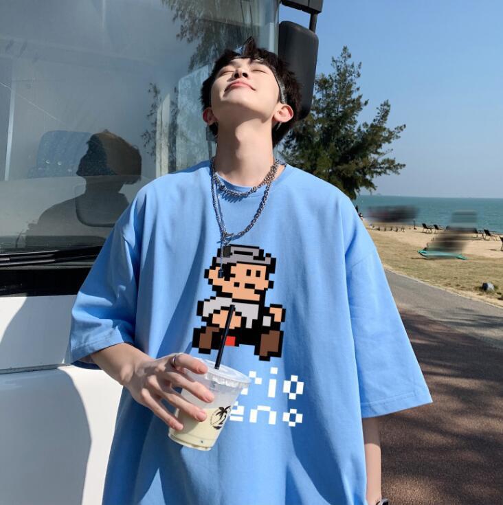 Cartoon Printed Short-Sleeved T-Shirt For Men 2022 Summer Ins Couple Loose American National Trend Half-Sleeved Gray Simple Casual - Image 4