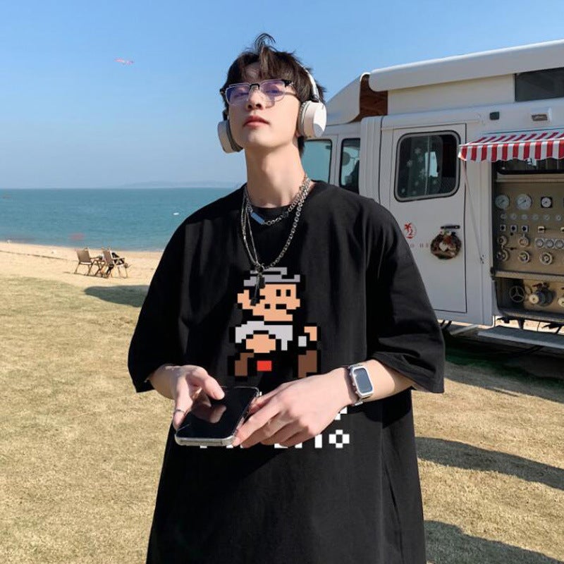 Cartoon Printed Short-Sleeved T-Shirt For Men 2022 Summer Ins Couple Loose American National Trend Half-Sleeved Gray Simple Casual - Image 3