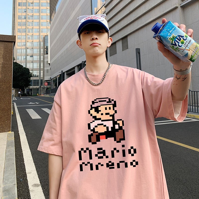 Cartoon Printed Short-Sleeved T-Shirt For Men 2022 Summer Ins Couple Loose American National Trend Half-Sleeved Gray Simple Casual - Image 5