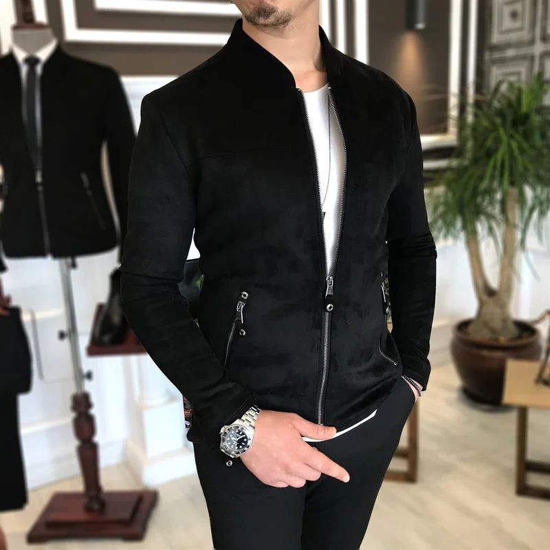 Terzi Adem Tailor Adem Italian Style Slim Fit Seasonal Men's Suede Coat Thin Jacket Black T4907