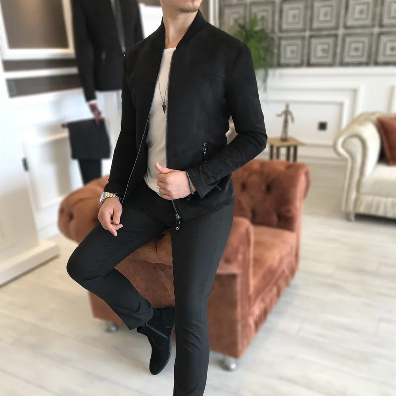 Terzi Adem Tailor Adem Italian Style Slim Fit Seasonal Men's Suede Coat Thin Jacket Black T4907