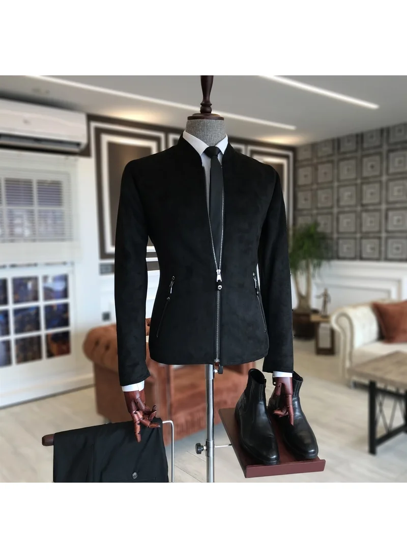 Terzi Adem Tailor Adem Italian Style Slim Fit Seasonal Men's Suede Coat Thin Jacket Black T4907