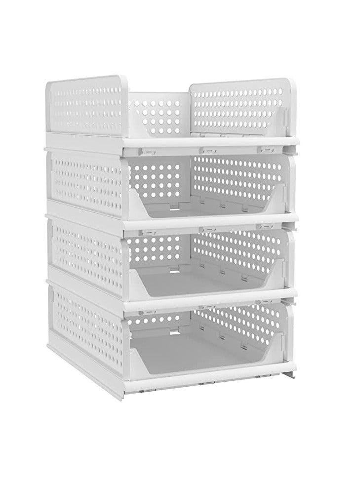 منزل منظم سلة تخزين بلاستيكية قابلة للتكديس في المنزل - منظمات خزانة قابلة للطي ، صناديق تخزين ، 4 عبوات ، أرفف بأدراج ، حاوية تخزين لخزانة الملابس والمطبخ والمكتب والحمام (4 عبوات) - Image 1