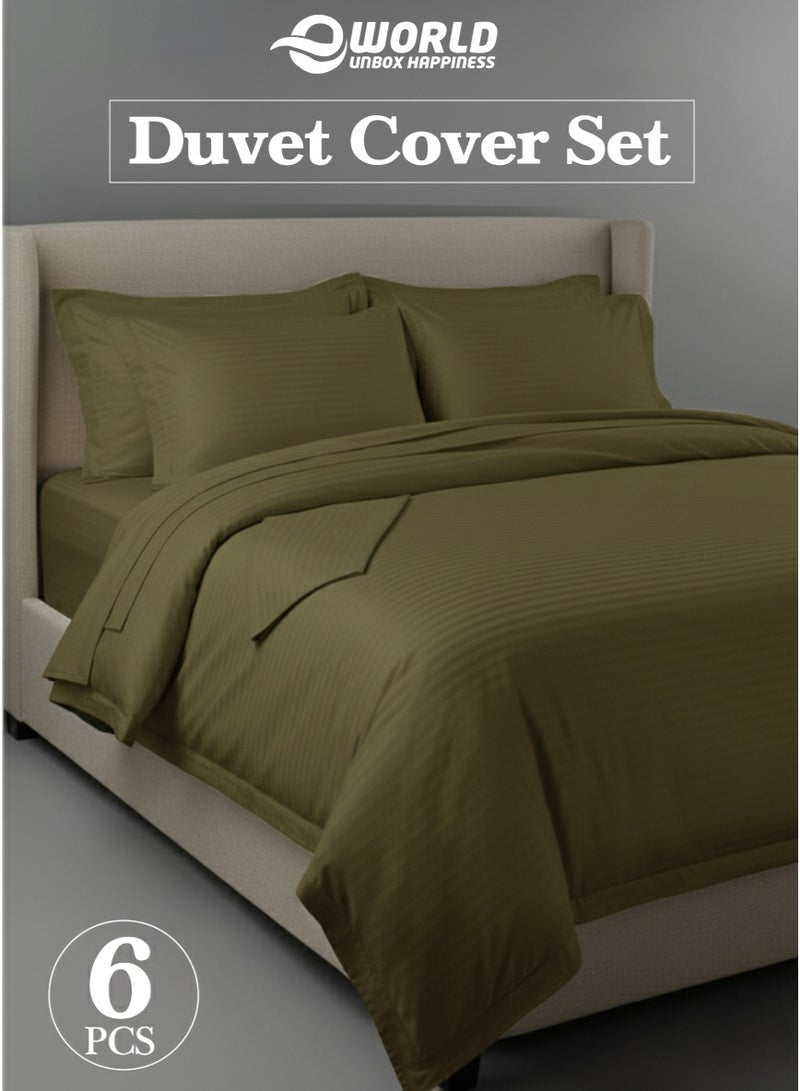 Eworld Premium Striped Duvet Set All Season – 6-Pieces Set Olive Green | King Size 220x240 cm | Ultra-Soft, Wrinkle-Resistant & Made in Dubai | Includes Duvet Cover, Fitted Sheet (200x200 cm) & 4 Pillowcases (50x70 cm) - Image 1