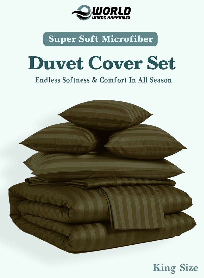Eworld Premium Striped Duvet Set All Season – 6-Pieces Set Olive Green | King Size 220x240 cm | Ultra-Soft, Wrinkle-Resistant & Made in Dubai | Includes Duvet Cover, Fitted Sheet (200x200 cm) & 4 Pillowcases (50x70 cm) - Image 3