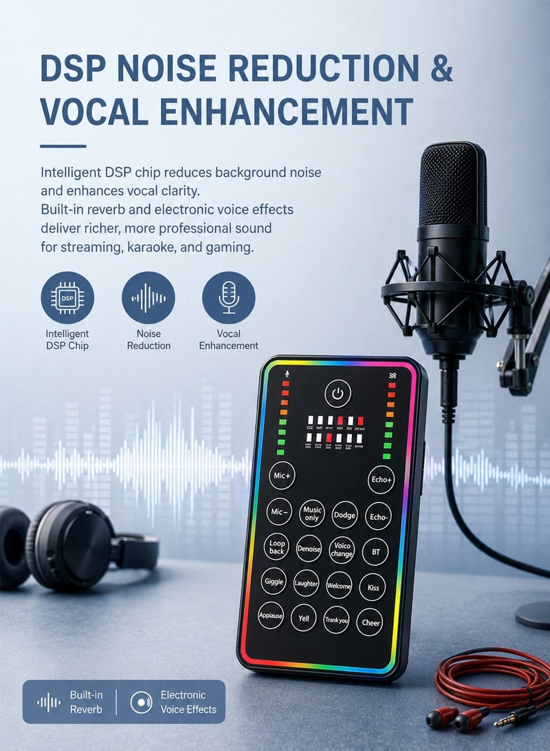 DRAKLAW Portable Live Sound Card, Bluetooth Audio Mixer with DSP Noise Reduction, Voice Changer & RGB Light, 8H Battery, OTG Lossless Transmission, Ideal for Streaming, Podcasting, Gaming, Karaoke on Phone/PC - Image 2