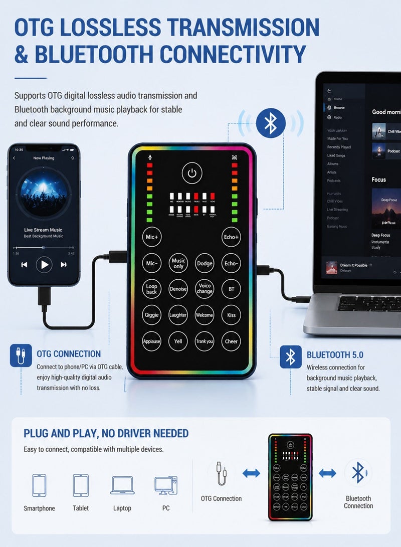 DRAKLAW Portable Live Sound Card, Bluetooth Audio Mixer with DSP Noise Reduction, Voice Changer & RGB Light, 8H Battery, OTG Lossless Transmission, Ideal for Streaming, Podcasting, Gaming, Karaoke on Phone/PC - Image 3