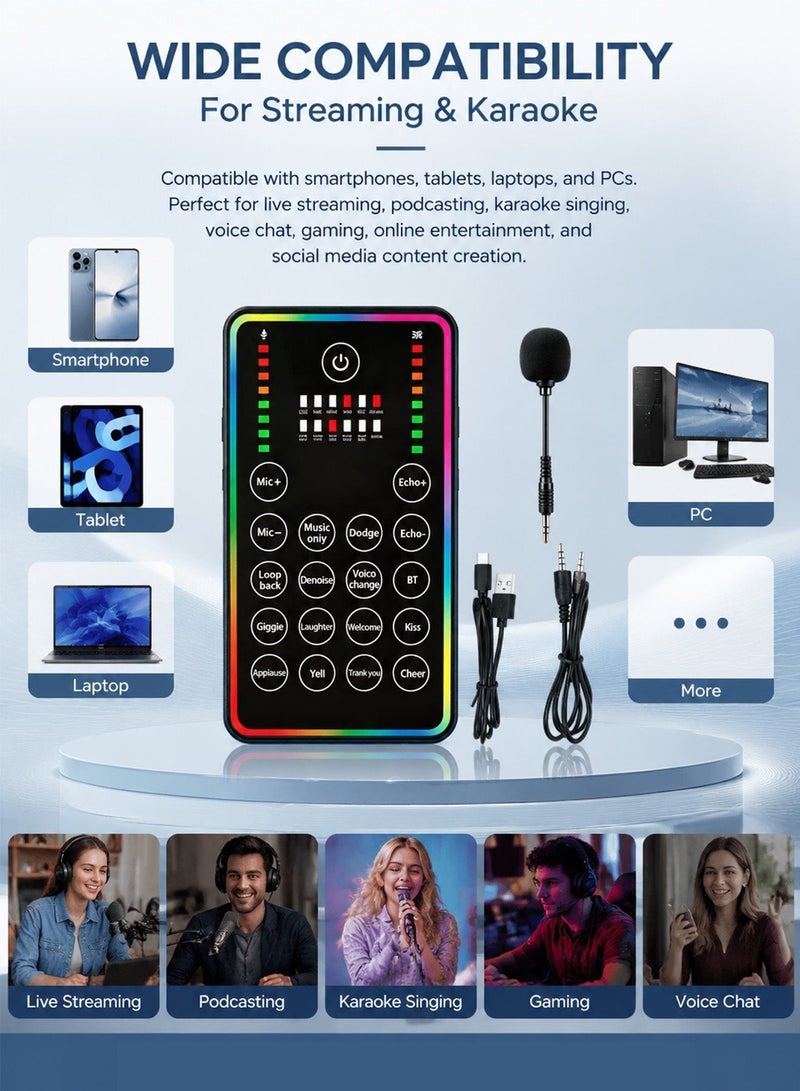 DRAKLAW Portable Live Sound Card, Bluetooth Audio Mixer with DSP Noise Reduction, Voice Changer & RGB Light, 8H Battery, OTG Lossless Transmission, Ideal for Streaming, Podcasting, Gaming, Karaoke on Phone/PC - Image 4