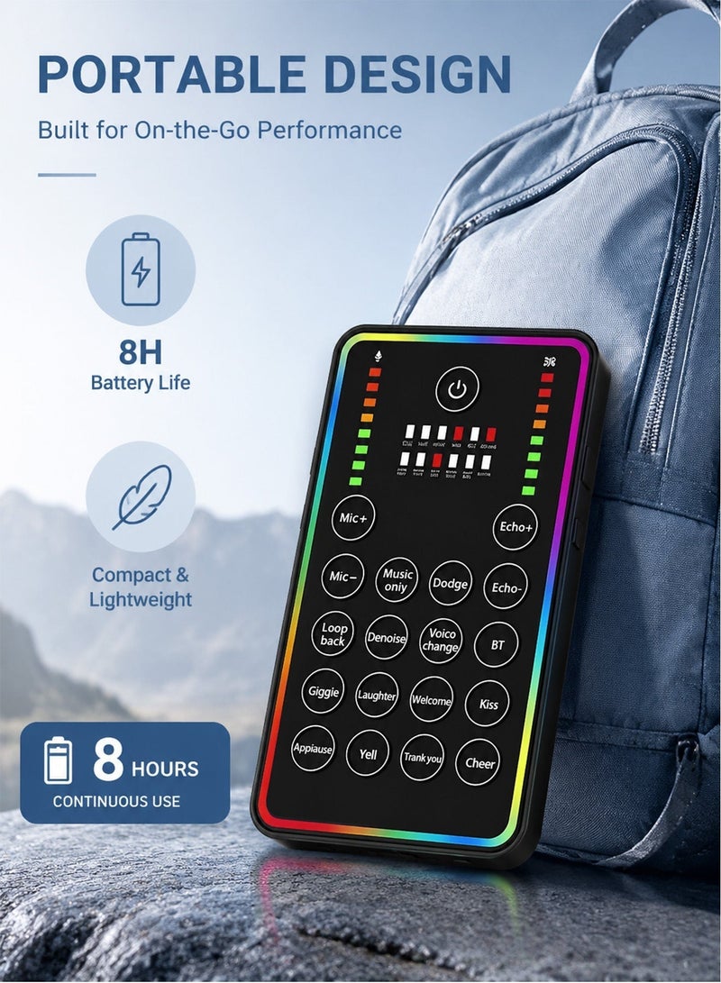 DRAKLAW Portable Live Sound Card, Bluetooth Audio Mixer with DSP Noise Reduction, Voice Changer & RGB Light, 8H Battery, OTG Lossless Transmission, Ideal for Streaming, Podcasting, Gaming, Karaoke on Phone/PC - Image 5