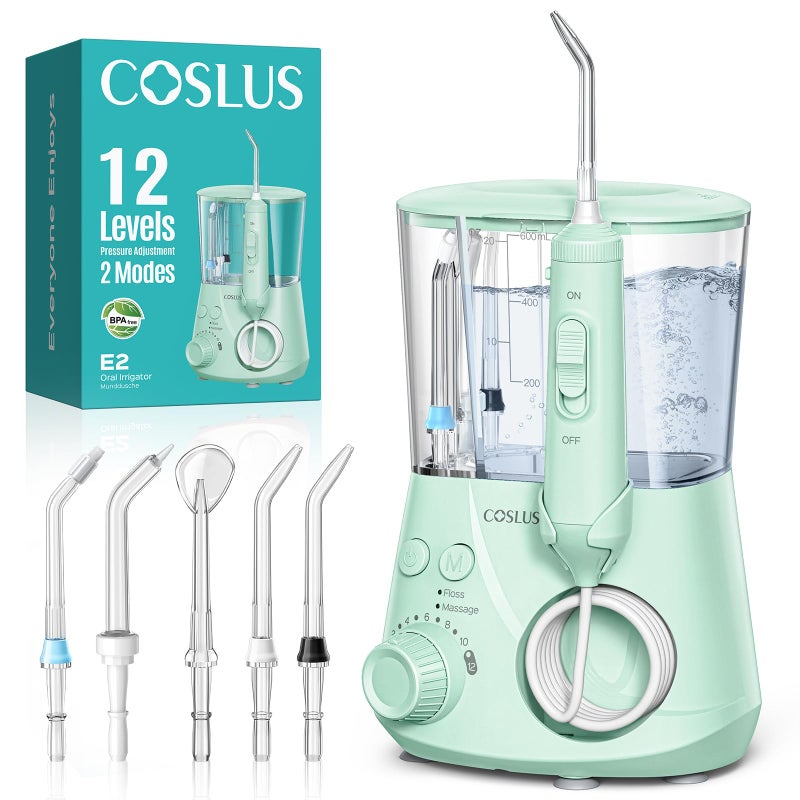 COSLUS E2 Excellent Water Flosser for Teeth Cleaning: 12 Pressure Settings & 2 Modes for Orthodontic, Braces, Sensitive - Patented Storage, 5 Jet Tips and 600ML Tank for Family, Home Use, Green - Image 1