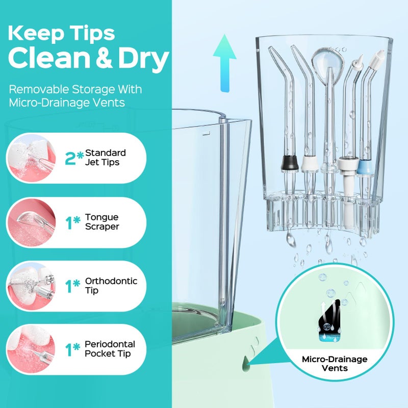 COSLUS E2 Excellent Water Flosser for Teeth Cleaning: 12 Pressure Settings & 2 Modes for Orthodontic, Braces, Sensitive - Patented Storage, 5 Jet Tips and 600ML Tank for Family, Home Use, Green - Image 5