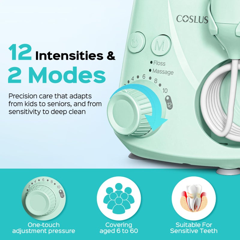 COSLUS E2 Excellent Water Flosser for Teeth Cleaning: 12 Pressure Settings & 2 Modes for Orthodontic, Braces, Sensitive - Patented Storage, 5 Jet Tips and 600ML Tank for Family, Home Use, Green - Image 4