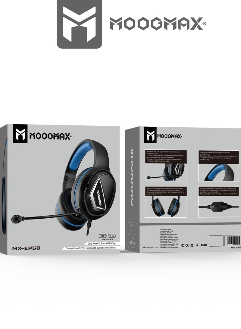 موجماكس سماعه قيمنق MX-EP58. سماعات قيمنق سلكية للألعاب. سماعات لسوني او ال PC بصوت ستيريو نقي. سماعة قيمنق بتقنية 3D محيطية. سماعات قيمر بميكرفون واضح. سماعات العاب متوافقة مع أغلب أجهزة الألعاب والكمبيوترات (PC). سماعه بي سي بمخرج  AUX و USB لربطه بأي جهاز العاب. سماعه جيمنج باللون الأزرق والأسود - Image 3