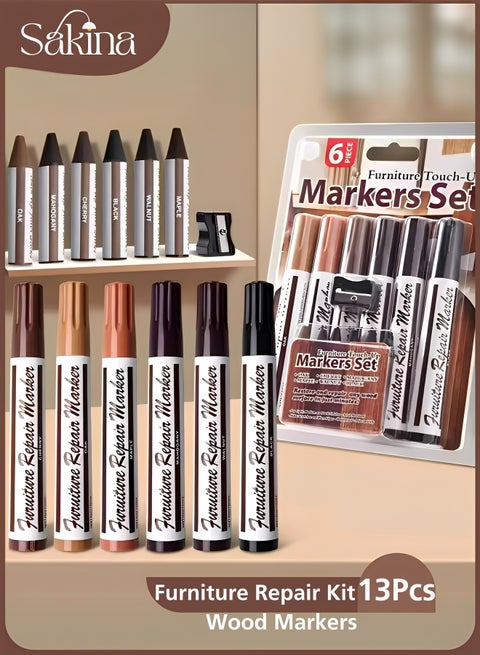 13Pcs Furniture Repair Kit Wood Markers Set ,Furniture Markers and Wax Sticks with Sharpener , for Stains, Scratches, Wood Floors, Tables, Desks, Carpenters, Bedposts, Touch Ups, and Cover Ups