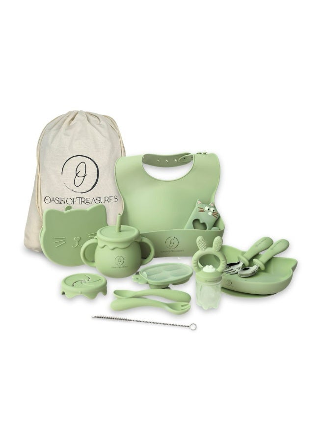 Oasis of Treasures – (17 Pieces) Complete Baby Feeding Set, Grows with Your Child, Premium Silicone Baby Led Weaning Set (Cat, Olive)