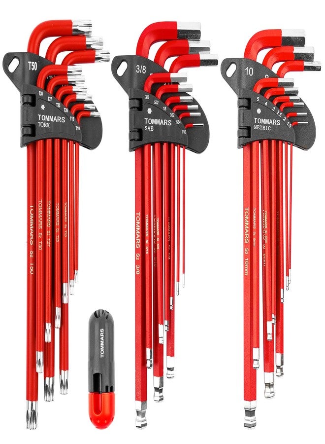 TOMMARS Hex Key Set Magnetic Ball End S2 Steel With T-Handle Hex Key Allen Wrench Set SAE(1/16"-3/8") Metric(1.5mm-10mm) TORX(T10-T50) - Image 1