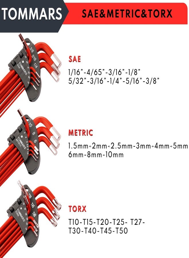 TOMMARS Hex Key Set Magnetic Ball End S2 Steel With T-Handle Hex Key Allen Wrench Set SAE(1/16"-3/8") Metric(1.5mm-10mm) TORX(T10-T50) - Image 3