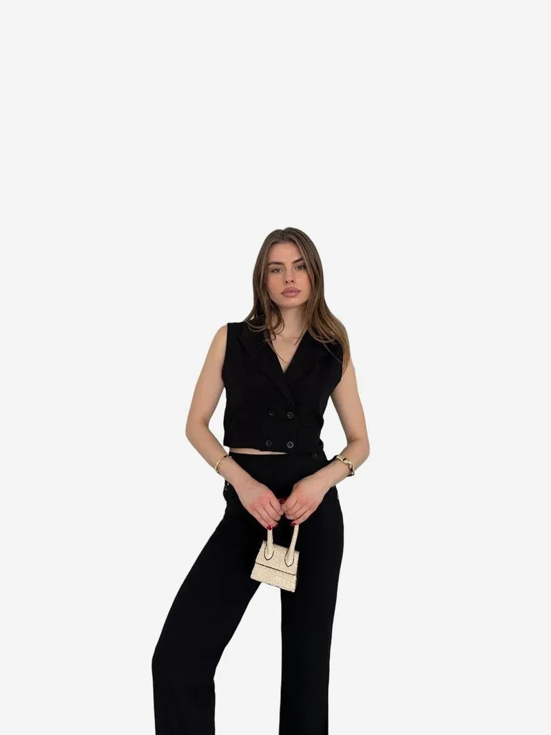 My Fashion Black MY FASHION High Waist V-neck Buttoned Wide Leg Co-ord Set for Women | Best Price UAE