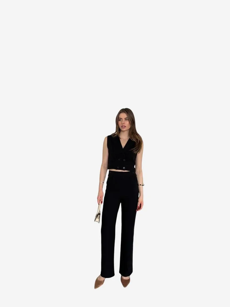 ماي فاشن MY FASHION High Waist V-neck Buttoned Wide Leg Co-ord Set