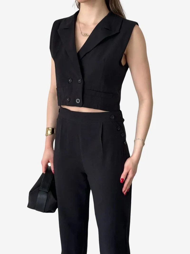 My Fashion Black MY FASHION High Waist V-neck Buttoned Wide Leg Co-ord Set for Women | Best Price UAE