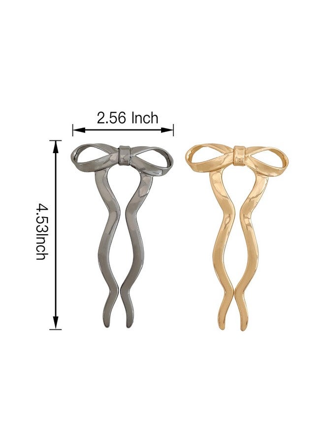 FRDTLUTHW 2PCS Vintage French Hair Forks for Women U Shaped Updo Metal Hair Pins for Long Thick Hair,Large Gold Bow 2 Long Prong Bun Twist Hair Sticks,Medium Hair Accessories for Women - Image 4