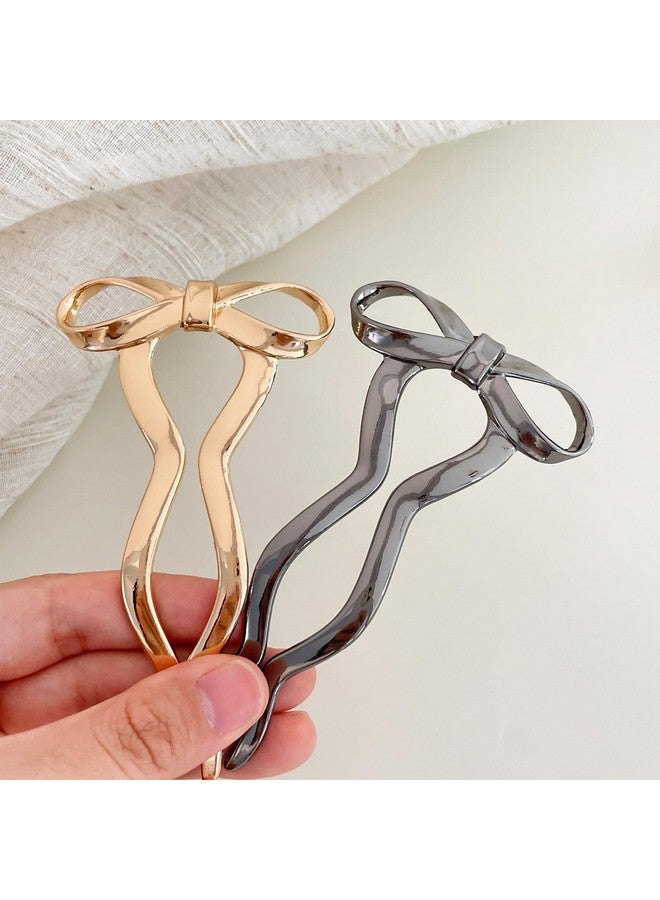 FRDTLUTHW 2PCS Vintage French Hair Forks for Women U Shaped Updo Metal Hair Pins for Long Thick Hair,Large Gold Bow 2 Long Prong Bun Twist Hair Sticks,Medium Hair Accessories for Women - Image 5