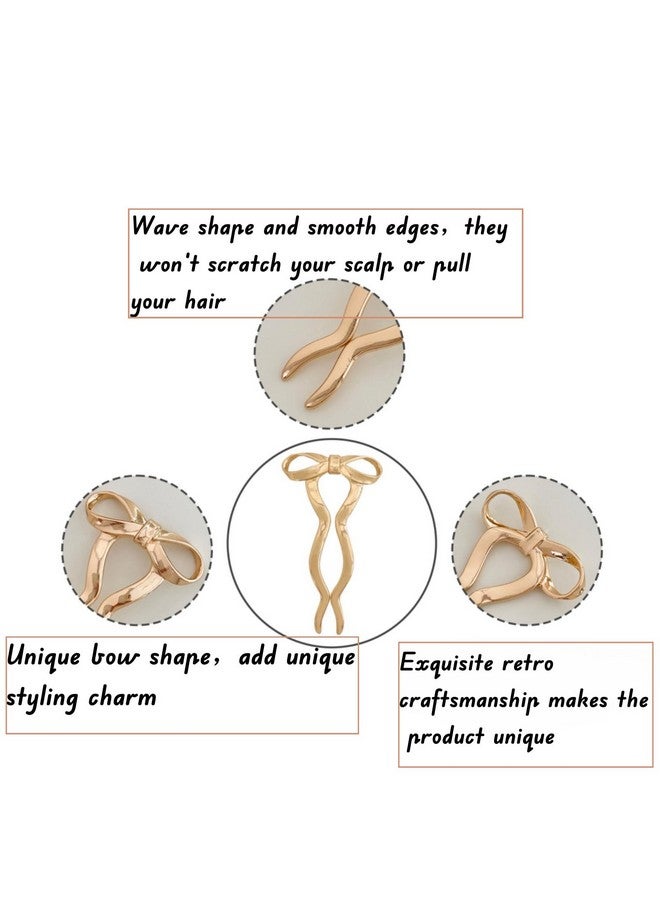 FRDTLUTHW 2PCS Vintage French Hair Forks for Women U Shaped Updo Metal Hair Pins for Long Thick Hair,Large Gold Bow 2 Long Prong Bun Twist Hair Sticks,Medium Hair Accessories for Women - Image 3