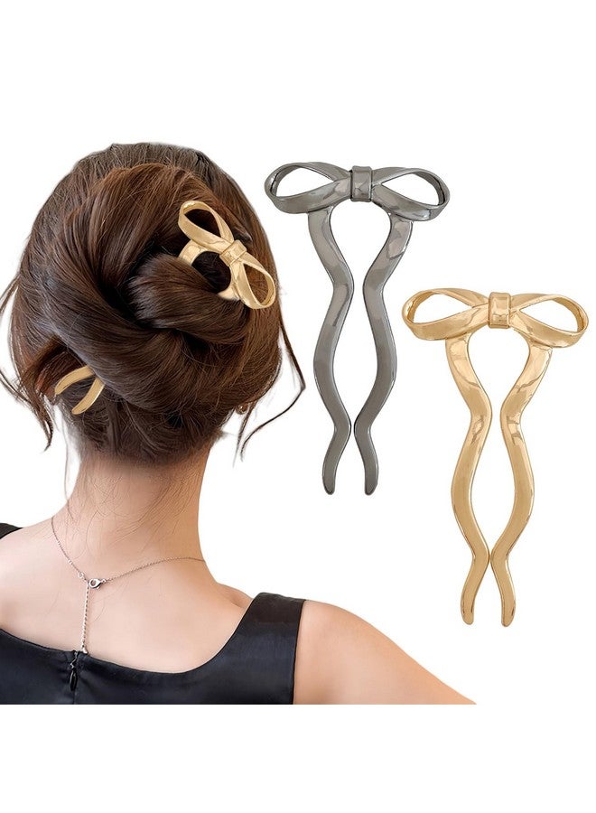 FRDTLUTHW 2PCS Vintage French Hair Forks for Women U Shaped Updo Metal Hair Pins for Long Thick Hair,Large Gold Bow 2 Long Prong Bun Twist Hair Sticks,Medium Hair Accessories for Women - Image 1