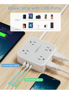 TESSAN Surge Protector Power Strip 15 Ft Cord, 8 Widely Spaced Outlets, 3 USB Charger(1 USB C Port), Ultra Thin Flat Plug Extension Cord 15 Feet, 900J Surge Protection for Home, Office, Dorm Room Essentials  - Image 4