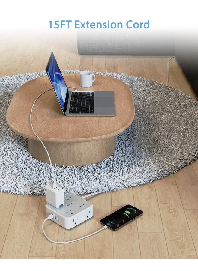 TESSAN Surge Protector Power Strip 15 Ft Cord, 8 Widely Spaced Outlets, 3 USB Charger(1 USB C Port), Ultra Thin Flat Plug Extension Cord 15 Feet, 900J Surge Protection for Home, Office, Dorm Room Essentials  - Image 5
