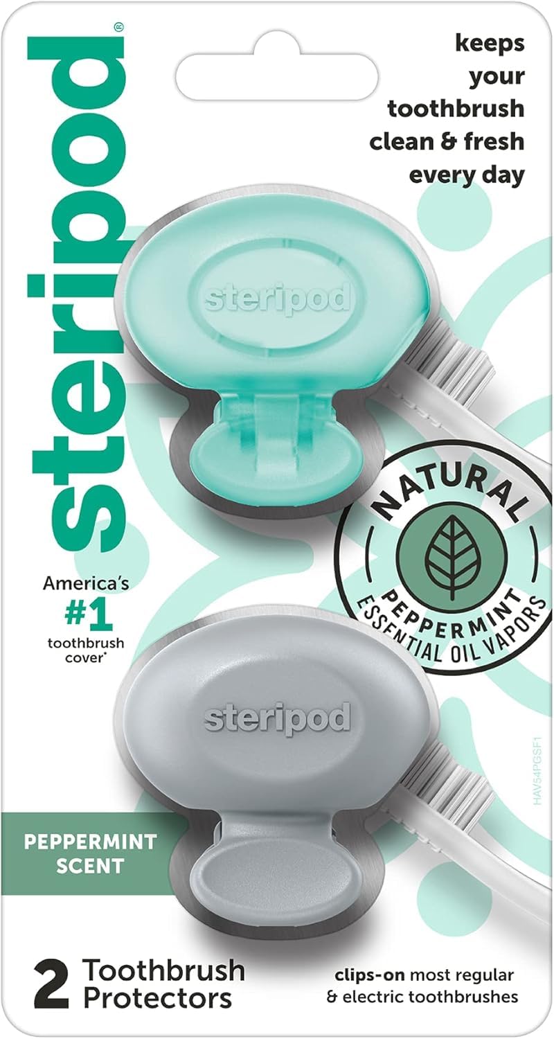 Steripod Clip-On Toothbrush Protector with Peppermint Essential Oils, Keeps Toothbrush Fresh and Clean, Travel Accessories, Fits Most Manual and Electric Toothbrushes, 2 Count - Image 1