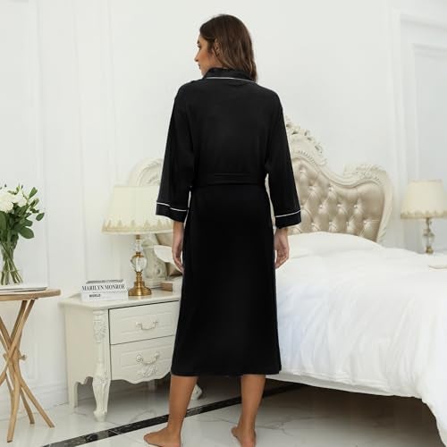 HEARTNICE Womens Cotton Robe, Soft Kimono Spa Knit Long Bathrobe Lightweight Loungewear(Black,L) - Image 4