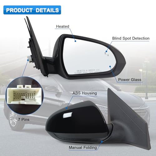Paderson Right Passenger Side Mirror Assembly Fits 2017 2018 2019 2020 Hyundai Elantra with Power Glass Heated Blind Spot Detection and Manual Folding Match to Black Replace HY1321226 (7Pins) - Image 2