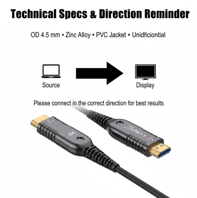 COMPIX HDMI 2.0 Fiber Optic Cable 10M High-Speed 18Gbps, 4K@60Hz Ultra HD Gold-Plated HDMI Cable, Full HD 1080p, 3D Braided Cord for PS5/PS4 PlayStation Xbox Laptop PC TV Projector (Black) - Image 4